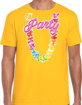 Bellatio Decorations Tropical party T-shirt voor heren - bloemenkrans - geel - carnaval/themafeest XL
