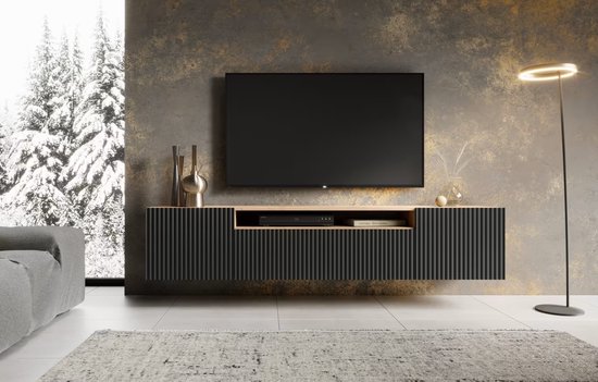 Noemi TV meubel - hangende kast - breedte 200 cm - zwart/ambachtelijk - woonkamermeubel - modern - Maxi Maja