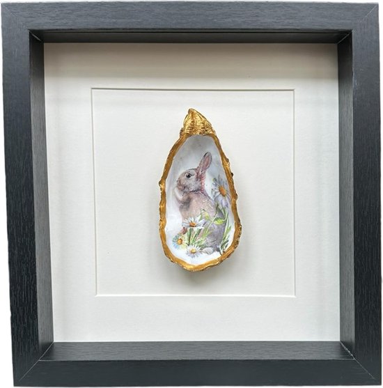 Mijn Pronkstuk - Gouden oester met konijn - ingelijst - 25x25 cm - wit achtergrond - Fotolijst - Goud