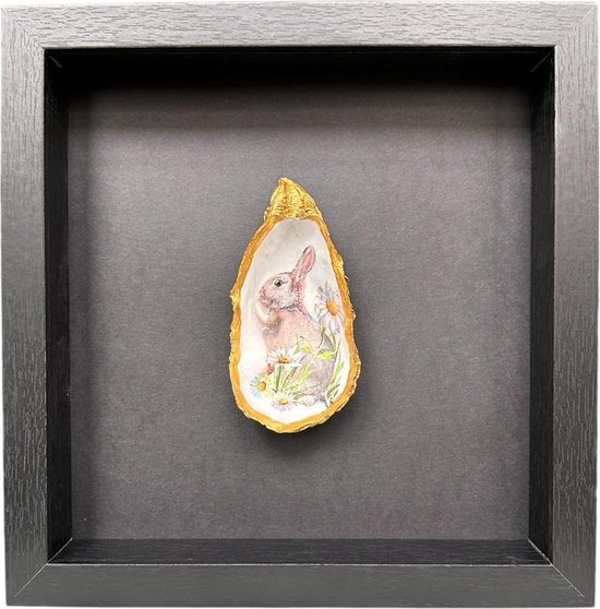 Mijn Pronkstuk - Gouden oester met konijn - ingelijst - 25x25 cm - zwart achtergrond - Fotolijst - Goud