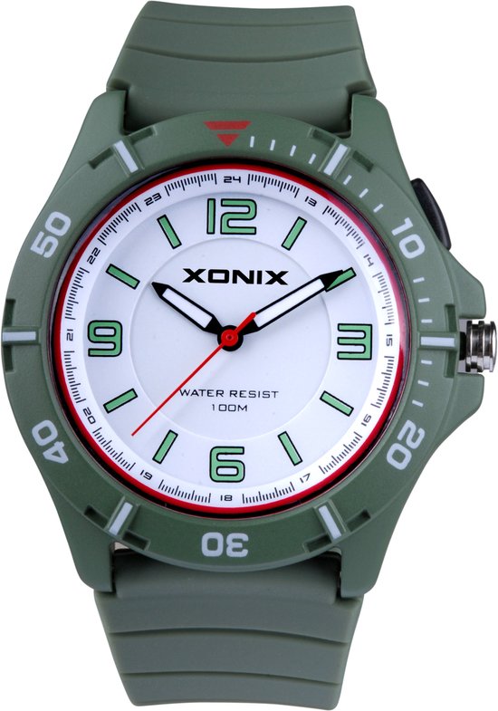 Xonix PO-B03 - Montre - Analogique - Unisexe - Bracelet Siliconen - ABS - Chiffres/Rayures - Etanche - 10 ATM - Vert Foncé - Wit