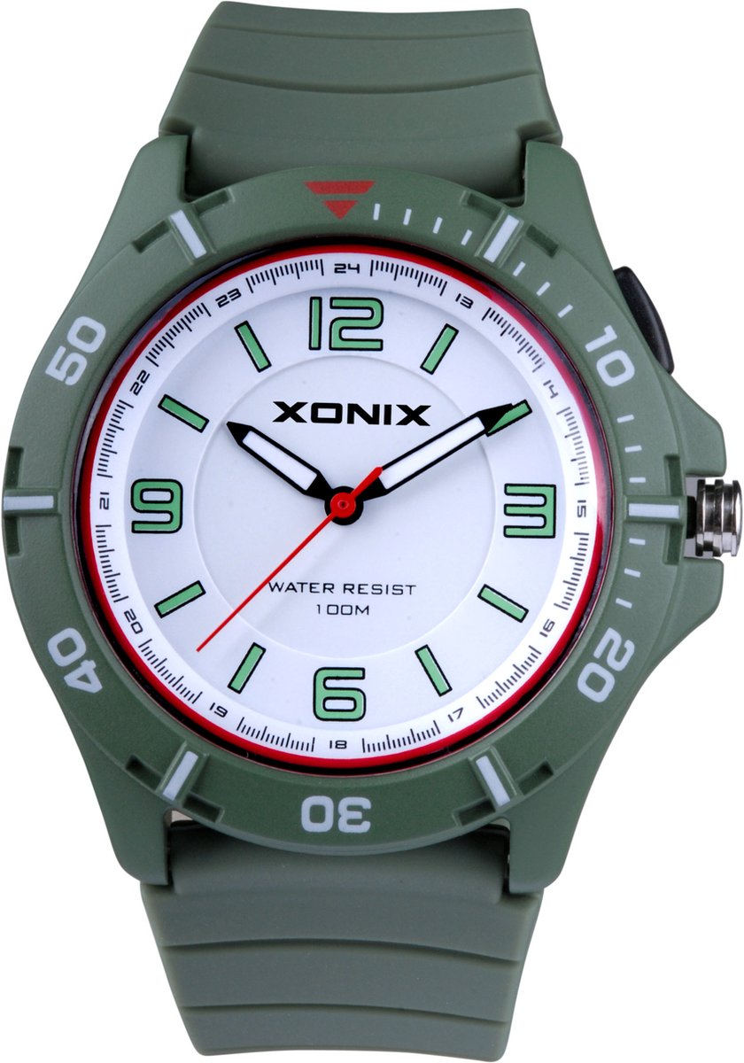 Xonix PO-B03 - Horloge - Analoog - Unisex - Siliconen band - ABS - Cijfers-Streepjes - Waterdicht - 10 ATM - DonkerGroen- Wit