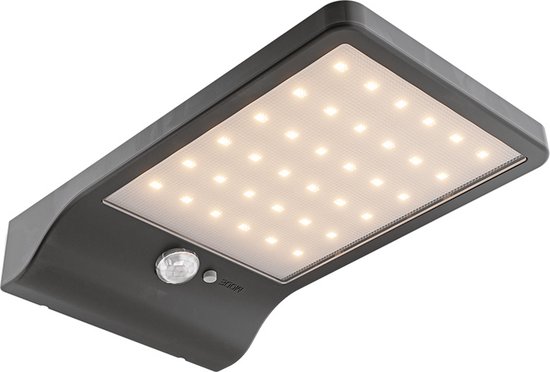 Macon - LED Solar Wandlamp - slim design - met PIR bewegingssensor - Zwart - Warm wit licht - 36 LEDs - IP44