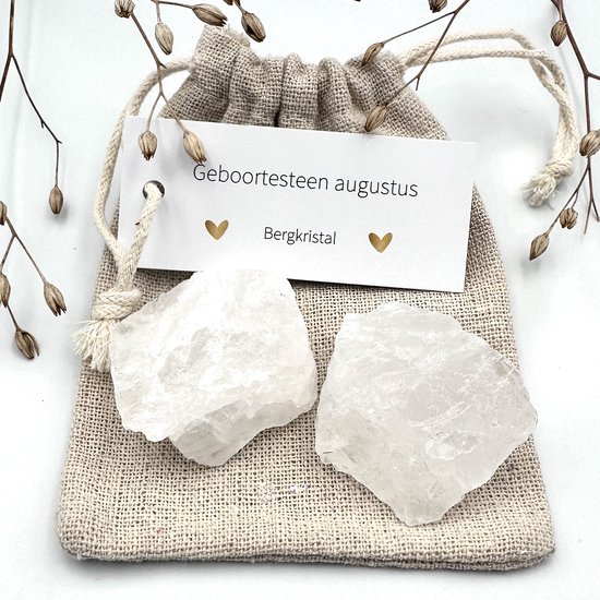 Geboortesteen augustus - Bergkristal ruw zakje - edelstenen - brievenbus cadeau - gefeliciteerd - verjaardag - vriendin - geluksbrenger - giftset