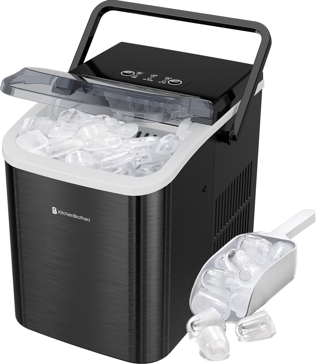 KitchenBrothers IJsblokjesmachine - 1.5L - IJsblokjesmaker - IJsschep – 12kg/24 uur - Draagbaar - Zelfreinigingsfunctie - Gunmetal RVS
