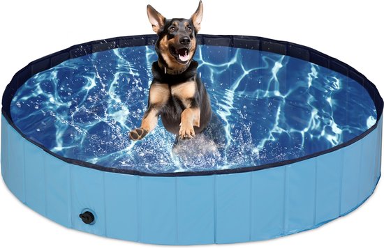 Opvouwbaar hondenzwembad 30x160 cm blauw PVC en MDF voor middelgrote honden met afvoerdop Hondenbad