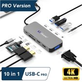 10 in 1 USB-C Hub - Docking Station – Laptop - Docking Station USB-C 3.0 – USB-C 100W opladen - 2x 4K HDMI - 1x VGA - Ethernetport