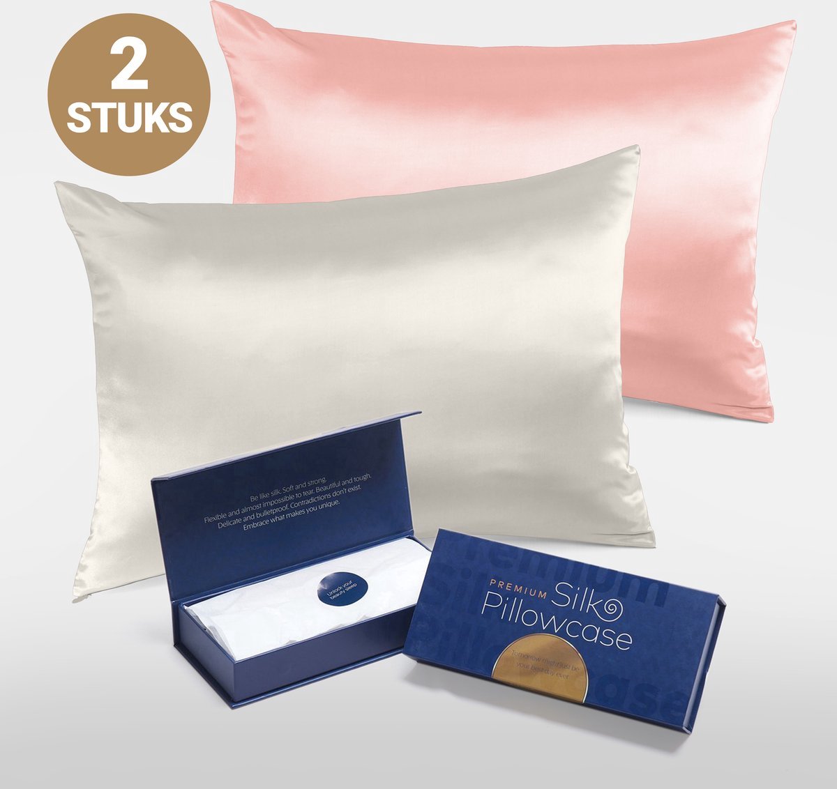 Slowwave Premium Silk Pillowcase - Colorpack: Cherry Blossom (Roze) en Off-white - 100% Moerbeizijde - 22 momme - Hoogste kwaliteit (grade 6A) - 60x70cm