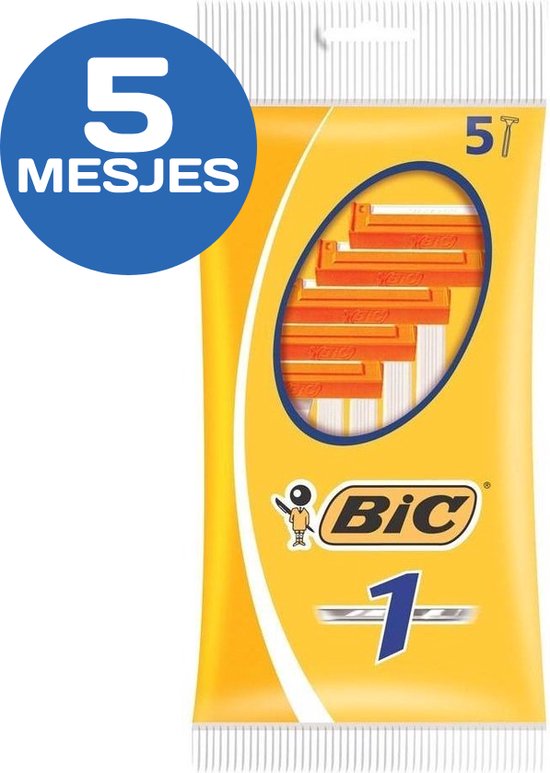 Gele verpakking met 5 BIC 1-wegscheren. Blauwe cirkel met '5 MESJES'. Oranje scheerkop met zilveren streep.