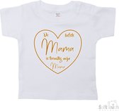 Soft Touch T-shirt Shirtje Korte mouw "De liefste mama is toevallig mijn mama" Unisex Katoen Wit/tan Maat 62/68