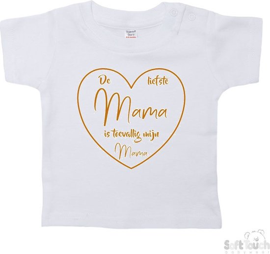 Soft Touch T-shirt Shirtje Korte mouw "De liefste mama is toevallig mijn mama" Unisex Katoen Wit/tan Maat 62/68