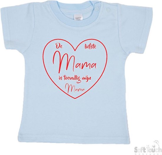 Soft Touch T-shirt Shirtje Korte mouw "De liefste mama is toevallig mijn mama" Unisex Katoen Blauw/rood Maat 62/68