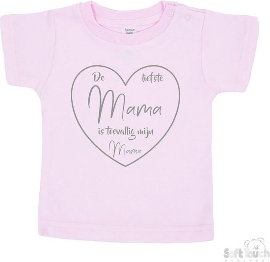 Soft Touch T-shirt Shirtje Korte mouw "De liefste mama is toevallig mijn mama" Unisex Katoen Roze/grijs Maat 62/68