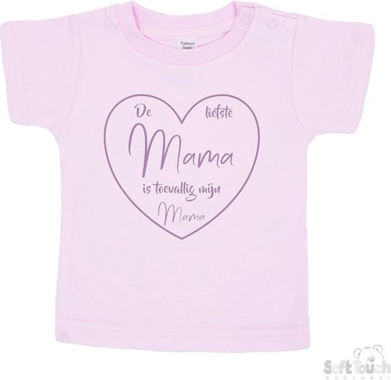 Soft Touch T-shirt Shirtje Korte mouw "De liefste mama is toevallig mijn mama" Unisex Katoen Roze/lila Maat 62/68