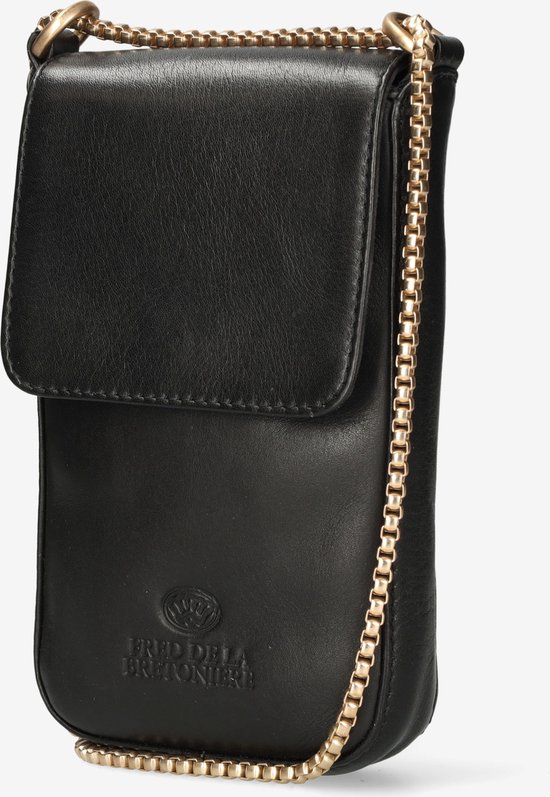 Zwarte Fred de la Bretoniere telefoontas van leer met goudkleurige schakelketting.