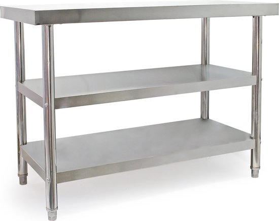 Foto: Rvs werktafel 120x60x85cm met 2 opslagplanken en in hoogte verstelbare poten roestvrij tafelblad werkblad multistrobe