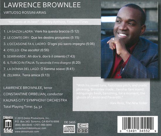 Achterzijde CD-hoes Lawrence Brownlee, Virtuoso Rossini Arias, met tracklijst en portret van de tenor.