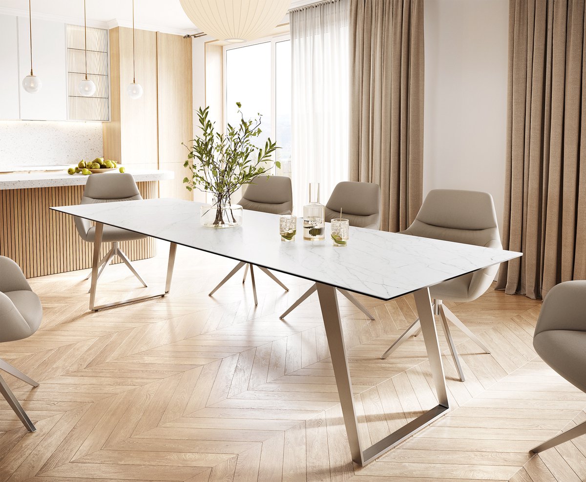 DELIFE Eettafel Edge keramiek Laminam® Statuarietto wit 300x100 roestvrij staal hoekig Statuarietto Weiß