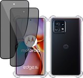 Hoesje + 2x Privé Screenprotector geschikt voor Motorola Edge 40 Pro – Privacy Tempered Glass - Case Transparant