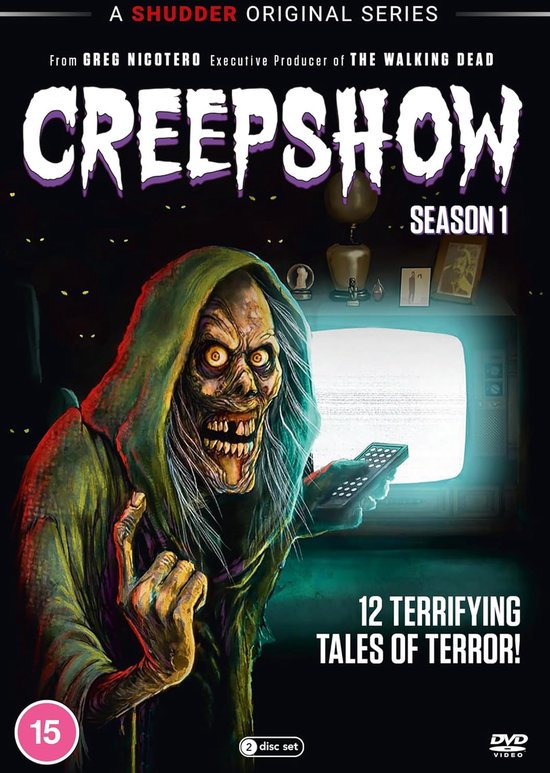 Creepshow Seizoen 1 DVD met een enge zombie met groene hoodie, vasthoudend aan een afstandsbediening.