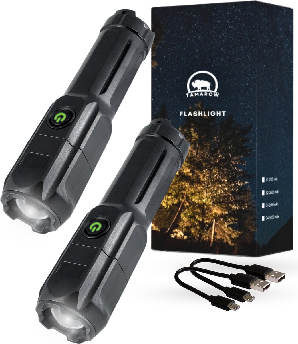 Tamarow 2 Stuks Oplaadbare LED Zaklampen - 8W - Duurzaam - Waterdicht - 1200mAh Batterij - Micro USB - 3 Lichtstanden - 13CM