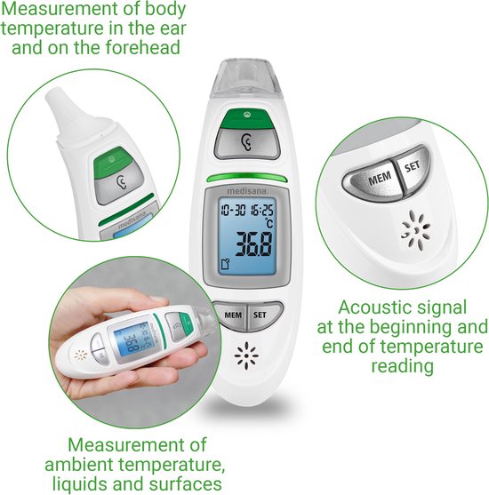 Witte Medisana thermometer met display dat 36.8°C toont. Twee inzetfoto's tonen temperatuurmeting in oor en op voorhoofd, en meting van omgevingstemperatuur.