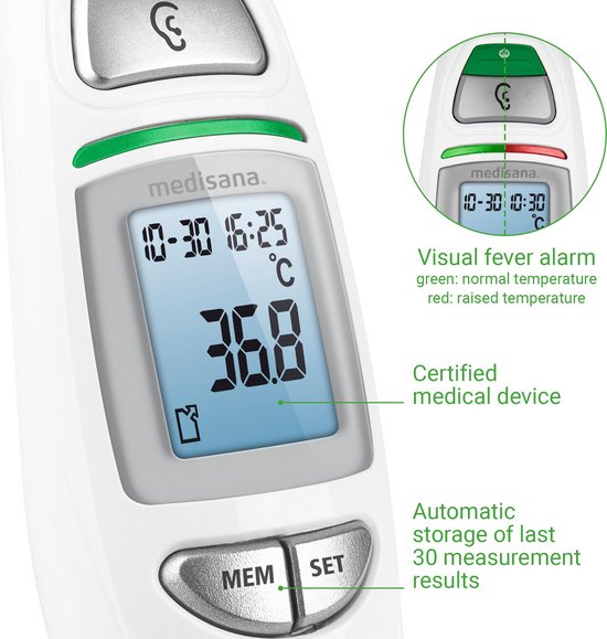 Close-up van een witte Medisana thermometer met display dat 36.8°C toont. Twee zooms tonen de groene en rode visuele koortsalarm en de 'gecertificeerd medisch apparaat' tekst.