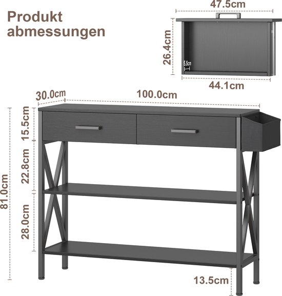 Consoletafel van hout, met laden en metalen frame en 2 planken, smalle
