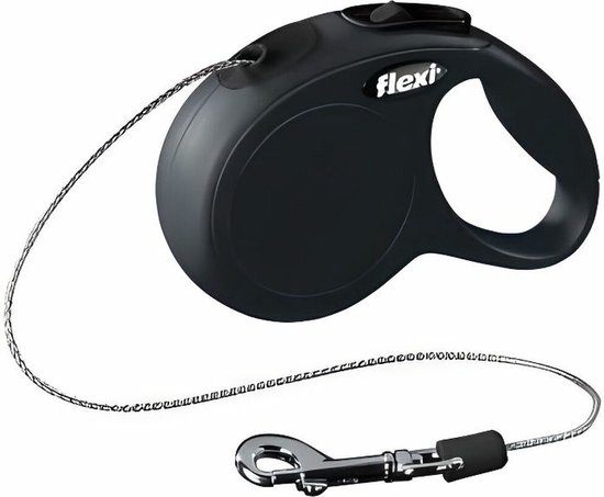 Zwarte Flexi rollijn met metalen kabel en zilveren clip.