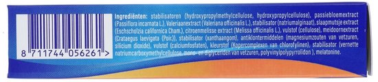 Zijkant van de Valdispert verpakking met ingrediëntenlijst en barcode.
