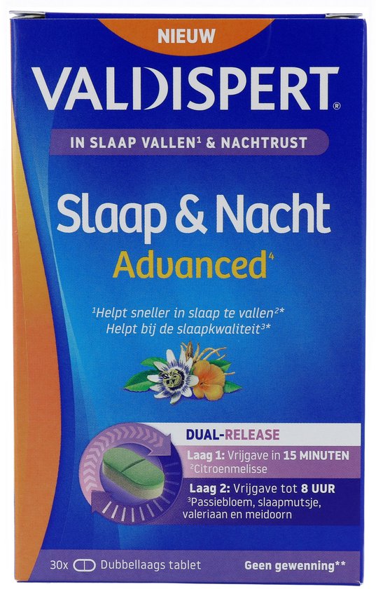 Valdispert Slaap & Nacht Advanced verpakking met "DUAL-RELEASE" en illustratie van de dubbellaagse tablet.