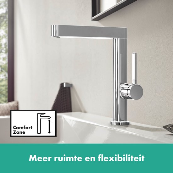 Illustratie van wastafelkraan met "Comfort Zone" aanduiding.