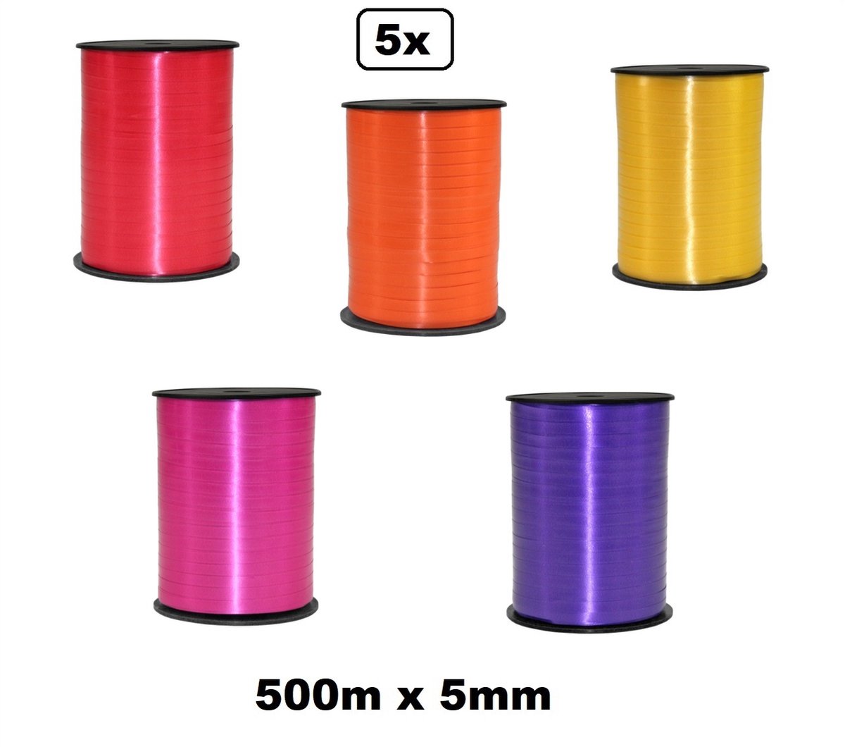 5x Krul Lint Mix Kleuren 5 Mm X 500 Meter - Mix - Vernieuwd Met Beschermlaag Om De Rol - Krullint Kerst Thema Feest Decoratie Kado