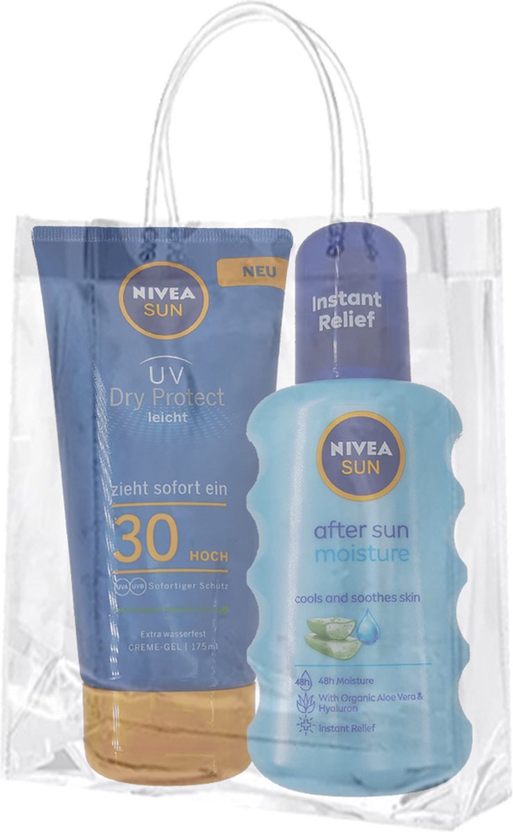 Goedkoopste Zonbescherming Nivea UV Dry Protect SPF 30 175ml en After Sun 200ml in een (geschenk)tasje