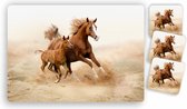 Placemats - 6 stuks 42 x 30 cm bedrukt - Groep paarden het lopen - en 10 bijpassende onderzetters 10 x 10 cm