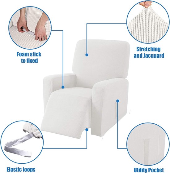 E EBETA Hoes fauteuil jacquard, Fauteuilhoezen, stretchhoes voor relaxfauteuil compleet, Elastische hoes voor tv fauteuil (Wit