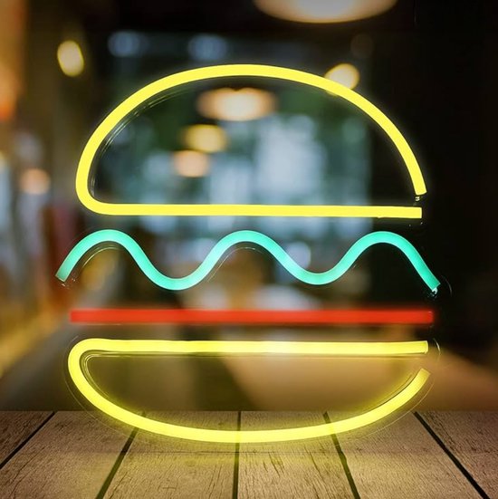 ZoeZo Design - Lampe Néon LED Hamburger - Burger - Jaune - Rouge - Vert - Décoration - USB - Éclairage d'ambiance - Applique - Siècle des Lumières Néon