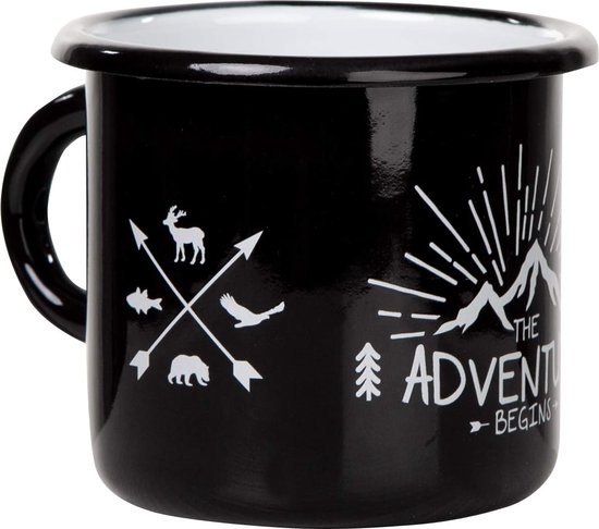 Emaille mok met spreuk The Adventure Begins, 330 ml
