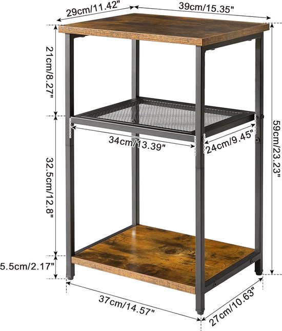 ZEXVIDA Smalle bijzettafel, 3-laags slanke eindtafel met tijdschriftenhouder en stoffen opbergruimte, moderne sofa dunne smalle nachtkastje voor kleine ruimtes, woonkamer, slaapkamer (rustiek bruin