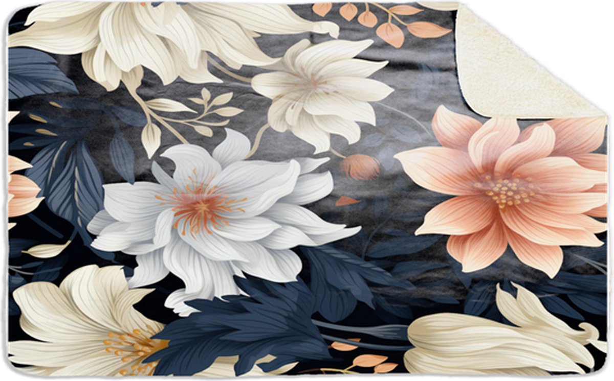 Fleecedeken Bloemen blauw, 96x146cm, Polyester Sherpa