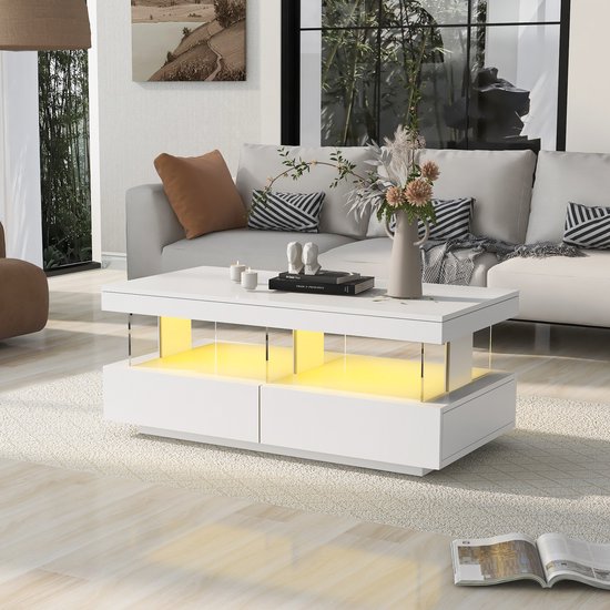 Sweiko Table basse éclairée par LED , table d'appoint, table moderne brillante, plateau de table durable, résistant aux rayures et lisse, 100*60*49.5 cm