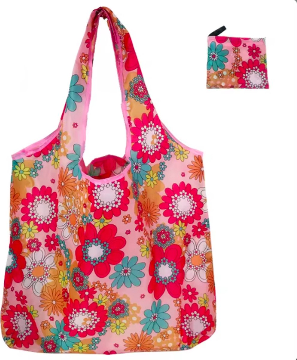 Opvouwbare Polyester Boodschappentas shopper 40x60 cm – Duurzame Herbruikbare Tas Lichtgewicht Met Print in Etui dessin flower power rood — cadeau in Cadeau-ideeën - foto 2