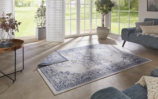 Flycarpets Omkeerbaar Buitenkleed / Vloerkleed - Borbon - Blauw / Creme - Laagpolig Tuintapijt / Buitentapijt / Tuinkleed - 160x230 cm