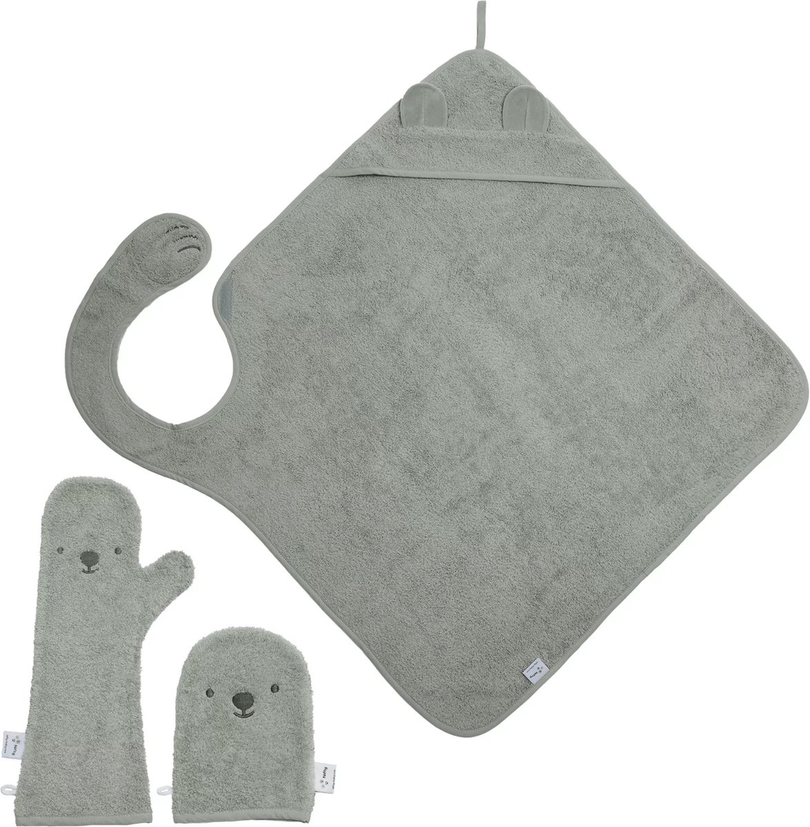 Voordeelset - The Original Baby Shower Glove met Handsfree Badcape en Washandje - Nifty - Baby Washandje - Lange washand - Badcape 100x100 - Washandje Baby - Biologisch Katoen – Olive