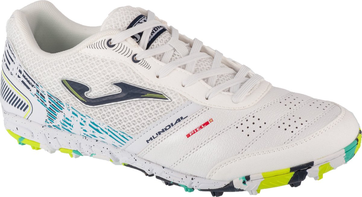 Witte Joma Mundial 2402 TF voetbalschoenen voor mannen, maat 46, van grof leder met turfzool en kleurrijke details.