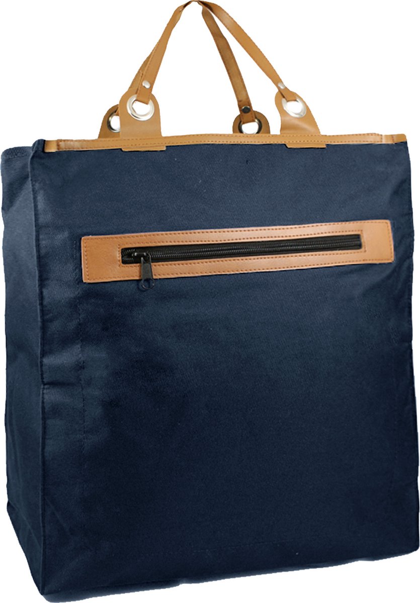 boodschappentas nylon met lederen handvatten  blauw 39x18x43cm