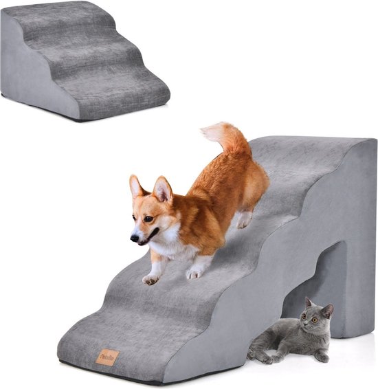 Costway 2-Delige Huisdiertrap Voor Grote en Kleine Honden en Katten Met Afneembare Hoes - Haarverwijderingsborstel - 83 x 40 x 56 cm Grijs