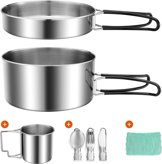Naebro Camping Kochgeschirr Set 7-teilig  Edelstahl, Faltbar, Outdoor  Kochtopf Fr 1-2 Personen