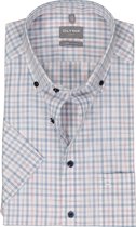 OLYMP comfort fit overhemd - korte mouw - popeline - wit met lichtblauw en roze geruit - Strijkvrij - Boordmaat: 46
