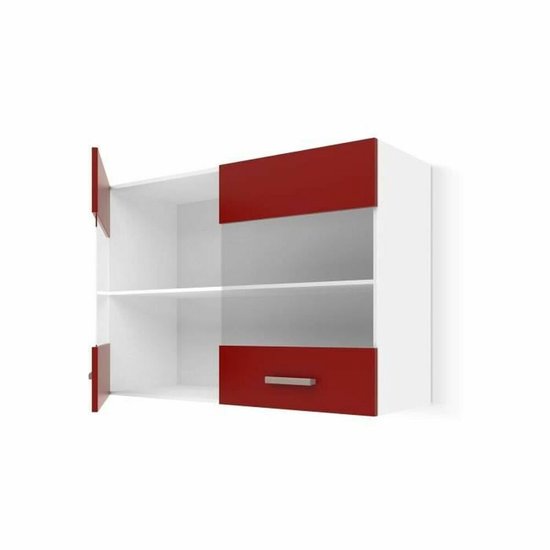 Wandkast met twee witte open vakken, één rood deurtje met greep en één rood ladefront met greep.
